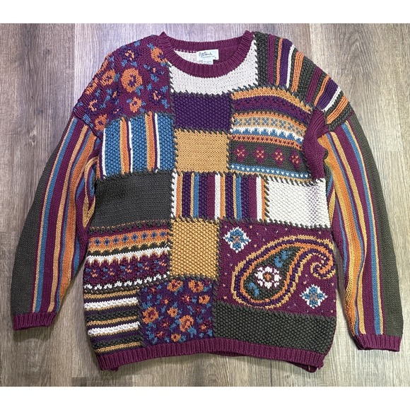 Reference Point Sweaters - VTG Reference Point Women Knit Sweater Sz M Abstract Color Block Granny Blocks